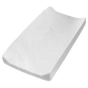 May include: A white changing mat with a subtle, vertical striped pattern. The mat has curved edges for safety and comfort. The design is simple and clean, suitable for a nursery.