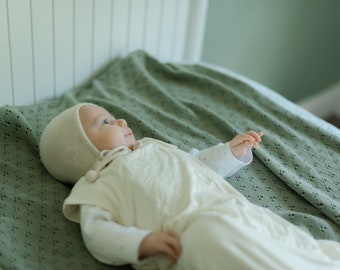 Heirloom Green Knit Pointelle Blanket - Knitted Brown Baby Blanket - Cozy Knit Baby Boy Blanket- Newborn Product - Pointelle Baby Blanket