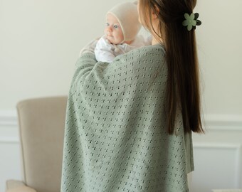 Heirloom Green Knit Pointelle Blanket - Knitted Brown Baby Blanket - Cozy Knit Baby Boy Blanket- Newborn Product - Pointelle Baby Blanket