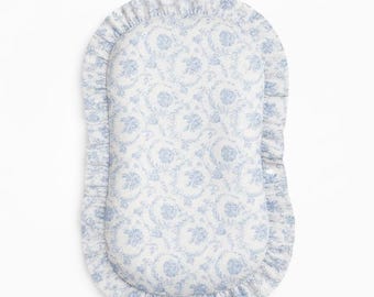 Blue Chinoiserie Ruffle Zipper Lounger Cover - Soft Louger Cover - Baby Lounger Cover 100% Cotton Fabric - Washable lounger cover