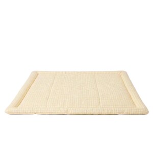 May include: A rectangular, padded floor mat featuring a soft, pale yellow and white gingham check pattern. The mat has a thick, raised border around the perimeter and a quilted, stitched surface texture, presented against a plain white background.