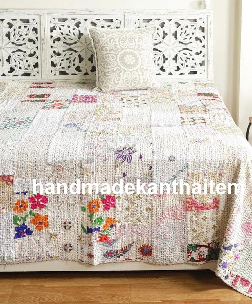 Indian Handmade King Size Cotton Bedspread Kantha Patchwork Quilt Coverlet Throw