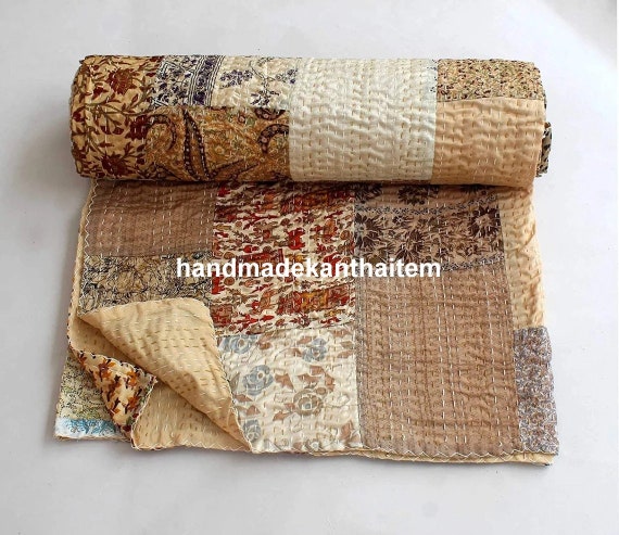 Patola Silk vintage Cotton patchwork kantha quilt handmade bohemian bedding Throw blanket bedspread Silk saree Baby Sofa Cover 60X90inch
