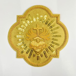 New Sacred heart Applique For Catholic Vestment On Gold Fabric.