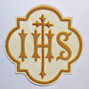 Liturgical Church Emblem, IHS Hand-embroidered  Sewn on applique on Rayon Satin