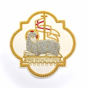 Liturgical Church Emblem, Lamb of God, Agnus Dei, Hand-embroidered Applique for Vestment on White Velvet
