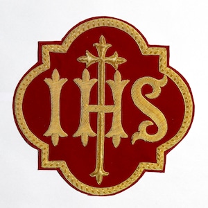 Liturgical Church Emblem, IHS Hand-embroidered  Sewn on applique on Red Velvet