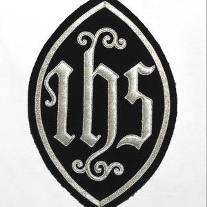 IHS Applique For Catholic Vestment Sewn On Black Velvet