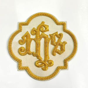 JHS Applique For Catholic Vestment On Silver Fabric.