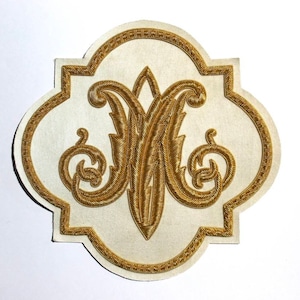 Marian hand-embroidered Liturgical Church Emblem for Vestments sewn on white satin
