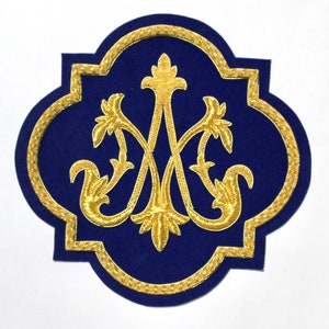 New Marian hand-embroidered Liturgical Church Emblem for Vestments sewn on velvet