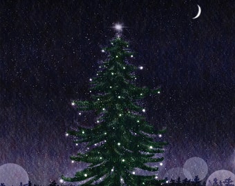 Hand-Painted Digital Fine Art Watercolor Painting: Snowy Christmas Night. Peace on Earth.  Giclee Art Print/Canvas.