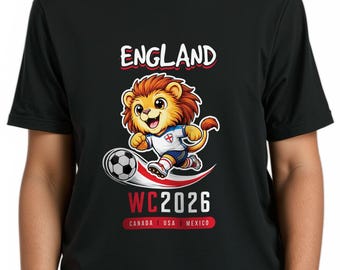 England -  2026 Youth Soccer T-Shirt, Lion Cartoon Mascot Tee