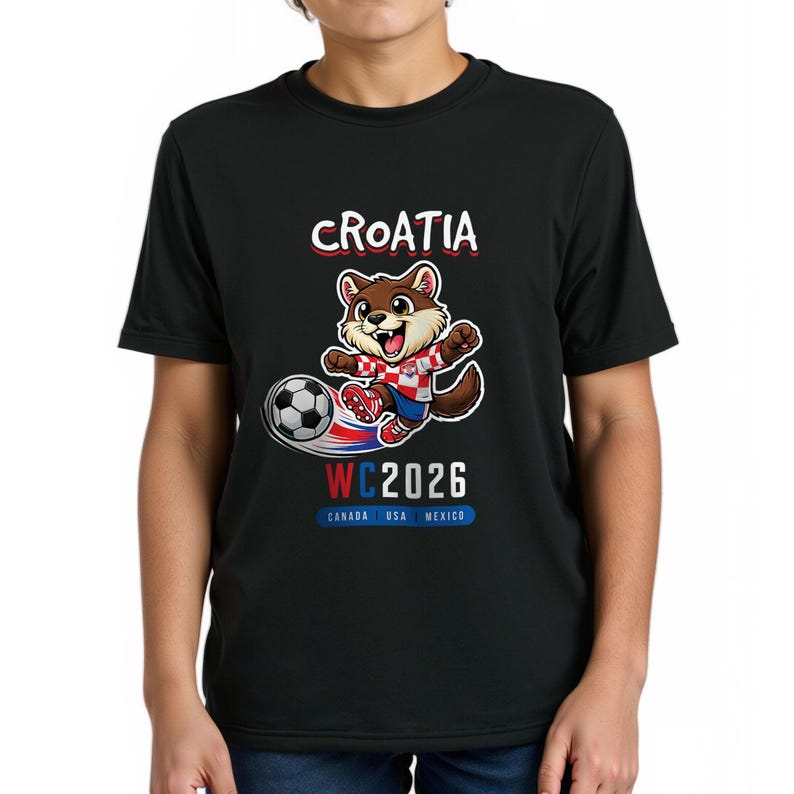 Croatia - 2026 Youth Soccer Shirt, Cartoon Pine Marten Tee, Boys Girls Fan Apparel image 1