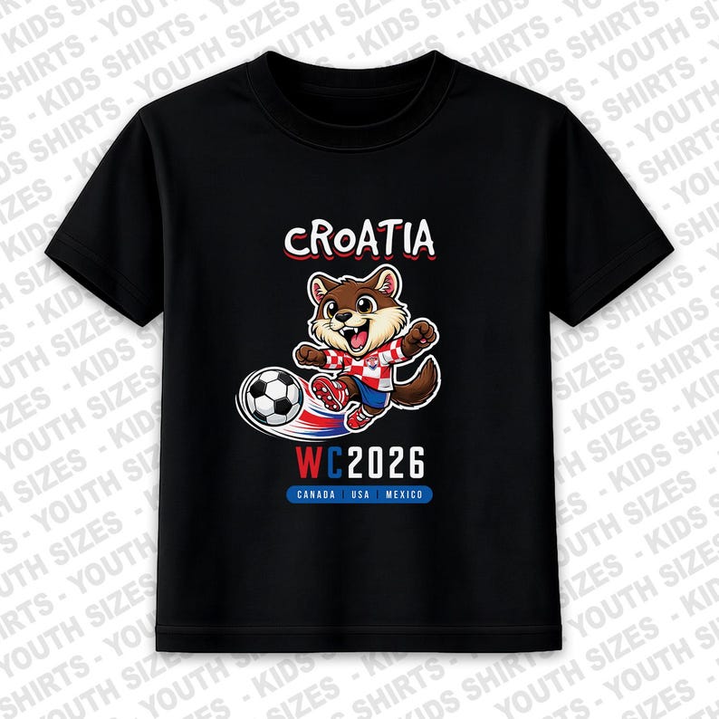 May include: Black youth t-shirt with a cartoon otter kicking a football. The shirt says "CROATIA" in red and white, with "WC2026" and the flags of Canada, USA, and Mexico. A playful design for young football enthusiasts.