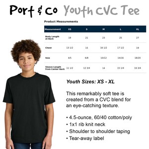 May include: A black youth CVC tee shirt with product measurements and size chart. The shirt is made of a soft CVC blend with a 1x1 rib knit neck and shoulder to shoulder taping. Sizes range from XS to XL.