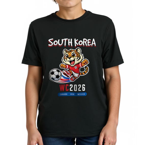 South Korea -  2026 Youth Soccer T-Shirt, Korean Tiger Cartoon Mascot Tee