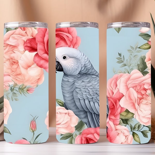 Floral African Grey Parrot 20oz Straight Tumbler Wrap Instant Download File for Sublimation