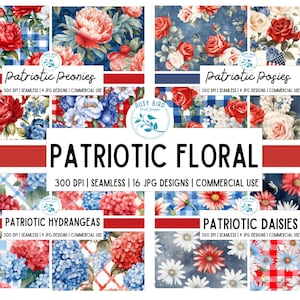 BÜNDEL Aquarell Blumen Nahtlose Muster Digitales Papier Patriotisch Scrapbook Sofort Download Rot Weiß und Blau druckbare kommerzielle Nutzung