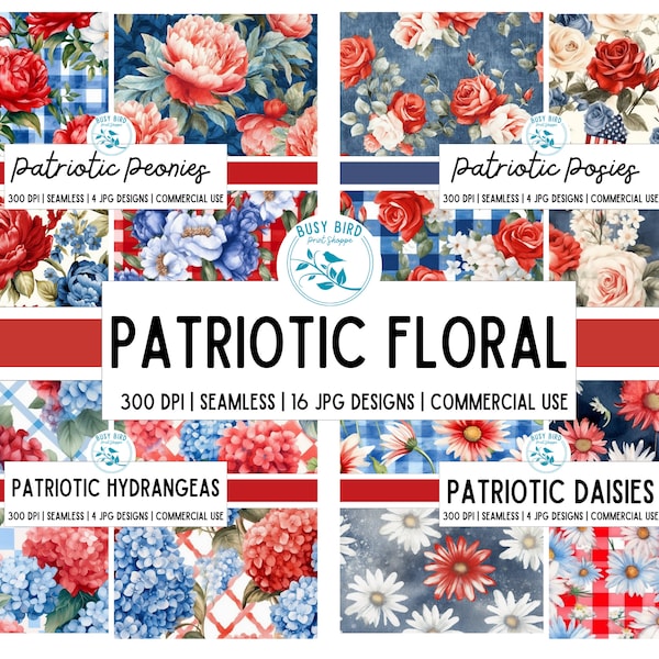 BUNDLE Watercolor Floral Seamless Pattern Digital Paper Patriotic  Scrapbook  Instant Download Red White and Blue Printable  Commercial Use