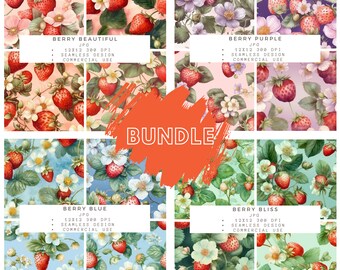 May include: A digital download bundle of four seamless patterns featuring watercolour illustrations of strawberries and flowers. The patterns are in shades of pink, purple, blue, and green. Each pattern is 12x12 inches and 300 DPI. The patterns are for commercial use.