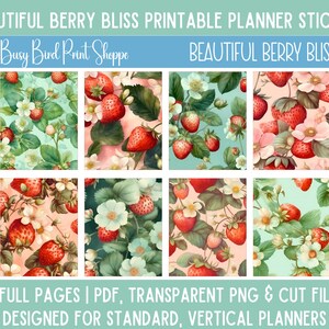 Strawberry Weekly Printable Planner Stickers, Vertical EC Sticker Kit, Watercolor Strawberries in Bloom, Digital Cricut PNG PDF Cut Files