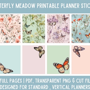 Butterfly Weekly Printable Planner Stickers, Vertical EC Sticker Kit, Butterflies & Wildflowers Florals, Digital Cricut PNG PDF Cut Files