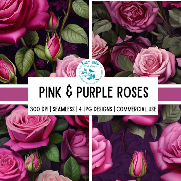 Pink Purple Roses Seamless Pattern Digital Paper Floral Scrapbook Papers Instant Download  Peony Printable Commercial Use License