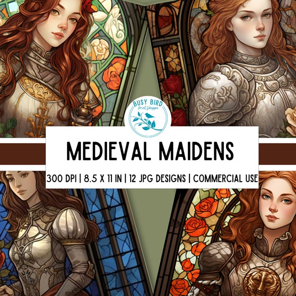 12 Medieval Maidens Stained Glass Junk Journal Pages Scrapbook Printables Digital Papers Letter Size Wall Art Graphics