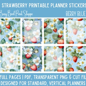 Strawberry Weekly Printable Planner Stickers, Vertical EC Sticker Kit, Watercolor Strawberries in Bloom, Digital Cricut PNG PDF Cut Files