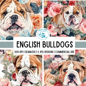 Bulldog anglais motif sans couture numérique papier Floral Scrapbook papiers Téléchargement instantané chien maman imprimable motif licence d’utilisation commerciale