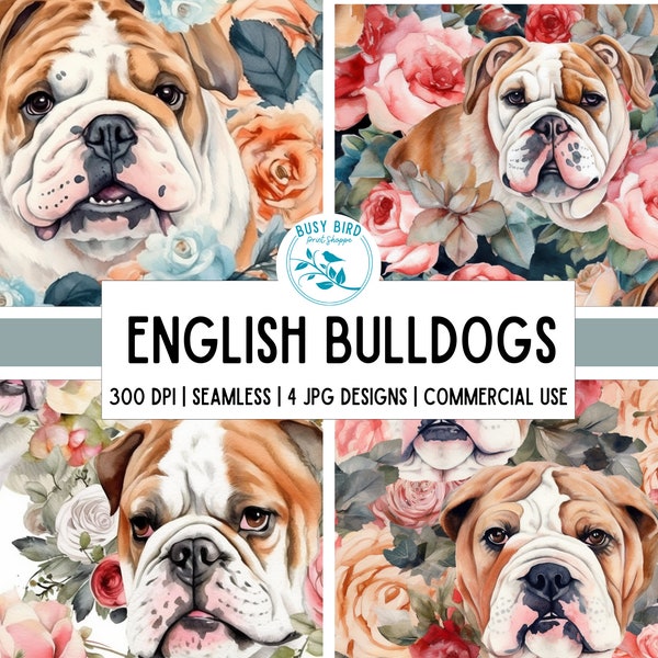 English Bulldog Seamless Pattern Digital Paper Floral Scrapbook Papers Instant Download Dog Mom Printable Pattern Commercial Use License