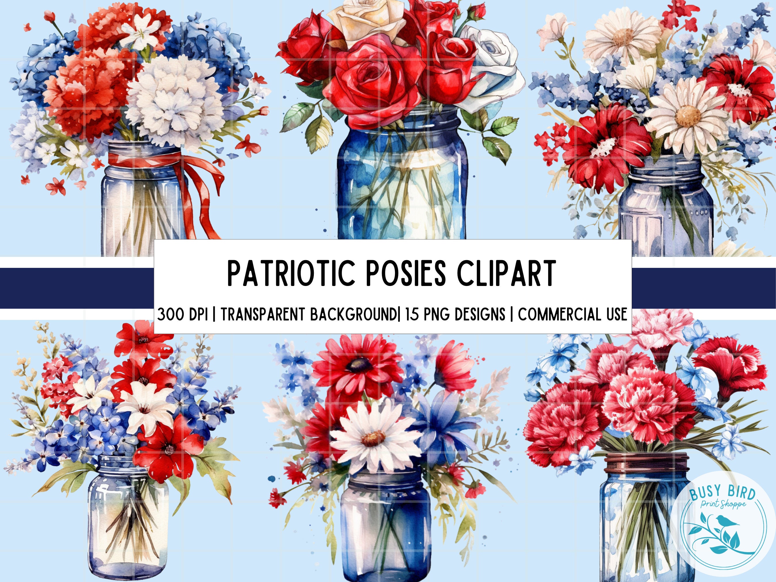 Red White and Blue Patriotic Watercolor Flowers Clipart PNG Format ...