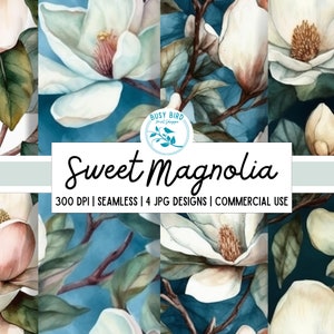 Pode incluir: Quatro padrões de papel digital sem costura que apresentam flores brancas de magnólia com centros rosados sobre um fundo azul. Os desenhos são de 300 DPI e são para uso comercial.