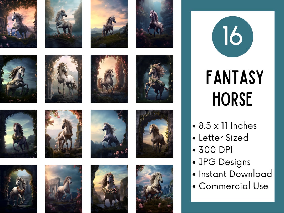 Printable Fantasy White Horse Digital Paper Magical Horses Letter Size ...