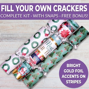 6 Eco Friendly Christmas crackers w/ snaps. Fill your own DIY Christmas cracker kit with snaps, jokes, & hats, for adults and kids