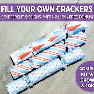 6 Eco Friendly Christmas crackers w/ Snaps for adults, for children. Fill your own crackers. Complete kit with snaps, hats, & jokes.