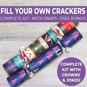 6 Eco Friendly Christmas crackers w/ snaps. Fill your own DIY Christmas cracker kit with snaps, jokes, & hats, for adults and kids