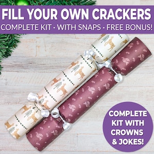 6 Eco Friendly Christmas crackers w/ snaps. Fill your own DIY Christmas cracker kit with snaps, jokes, & hats, for adults and kids