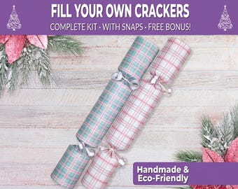 6 Eco Friendly Christmas crackers w/ snaps. Fill your own DIY Christmas cracker kit with snaps, jokes, & hats, for adults, kids, Pink Plaid