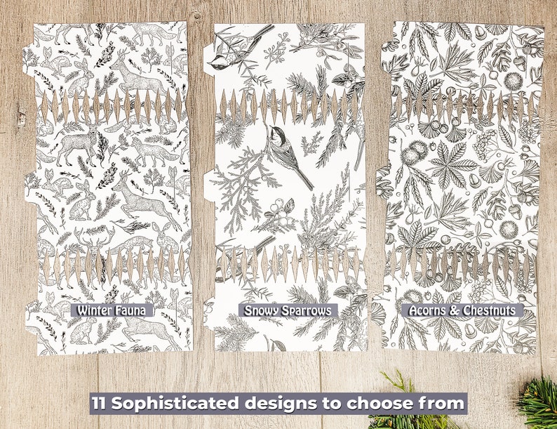 May include: Three decorative paper dividers with unique black and white nature-themed designs. The designs include "Winter Fauna" with deer and rabbits, "Snowy Sparrows" with birds, and "Acorns & Chestnuts" with leaves. The text reads "11 Sophisticated designs to choose from."