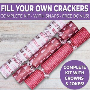 6 Eco Friendly Christmas crackers w/ snaps. Fill your own DIY Christmas cracker kit with snaps, jokes, & hats, for adults and kids