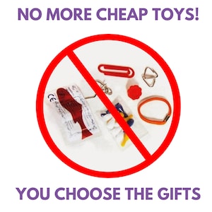 May include: Image with the text "NO MORE CHEAP TOYS! YOU CHOOSE THE GIFTS" overlaid on a white background. A red circle with a diagonal line through it encompasses various small toys, including a red paperclip, a small orange ring, and a red flower-shaped object.