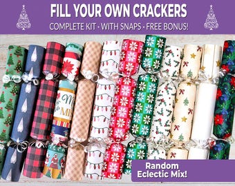 6 Eco Friendly Eclectic Random Christmas crackers w/ snaps. Fill your own DIY Xmas cracker kit, jokes, & hats, for adults and kids