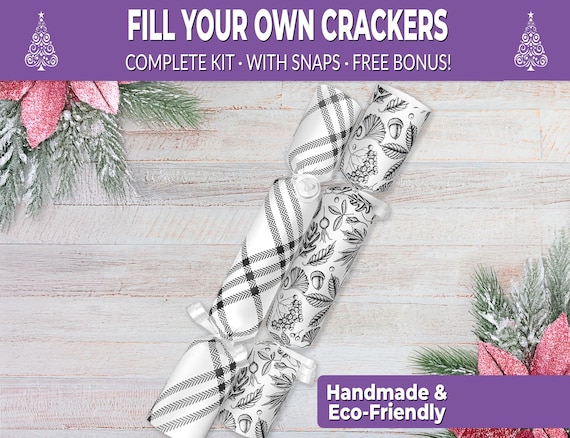 6 Eco Friendly Christmas crackers w/ snaps. Fill your own DIY Christmas cracker kit with snaps, jokes, & hats, Black and white Xmas crackers
