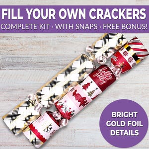 6 Eco Friendly Gold Foil Christmas crackers w/ snaps. Fill your own DIY Christmas cracker kit with snaps, jokes, & hats, for adults and kids