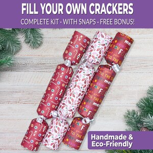 6 Eco Friendly Christmas crackers w/ snaps. Fill your own DIY Christmas cracker kit with snaps, jokes, & hats, for adults and kids