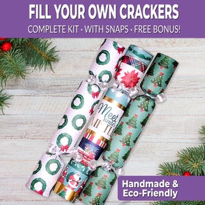 6 Eco Friendly Christmas crackers w/ snaps. Fill your own DIY Christmas cracker kit with snaps, jokes, & hats, for adults and kids