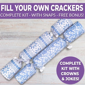 6 Eco Friendly Christmas crackers w/ snaps. Fill your own DIY Christmas cracker kit with snaps, jokes, & hats, for adults and kids