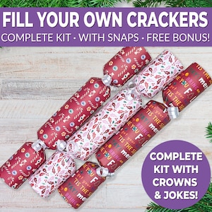 6 Eco Friendly Christmas crackers w/ snaps. Fill your own DIY Christmas cracker kit with snaps, jokes, & hats, for adults and kids